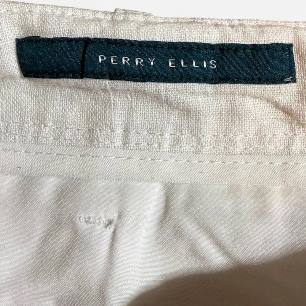 Perry Ellis Mens Linen Blend Pants White 35x28  Button Fly Beach Casual